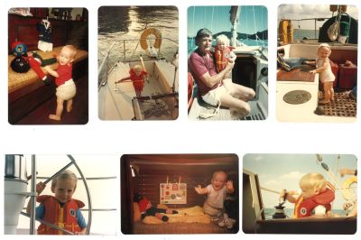 Il y a plusieurs photos de Conrad bébé entre 9 mois et 2 ans, il est sur le voilier de ses parents puis de ces grands parents. Un bébé souriant équipé d'un gilet de sauvetage et à la découverte du bord